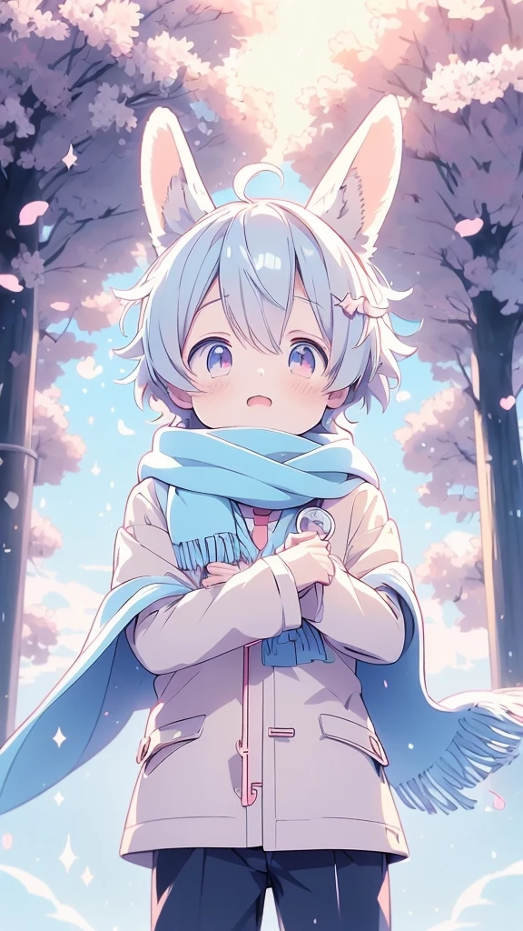 a cartoon picture of a boy with a rabbit ears and a scarf, official anime artwork, key anime visuals, key anime art, official art, anime cover, key anime visual, anime boy, cute anime, today's featured anime still, trending on artstation pixiv, anime wallaper, anime lush john 8k woods, anime background, anime wallpaper 4 k