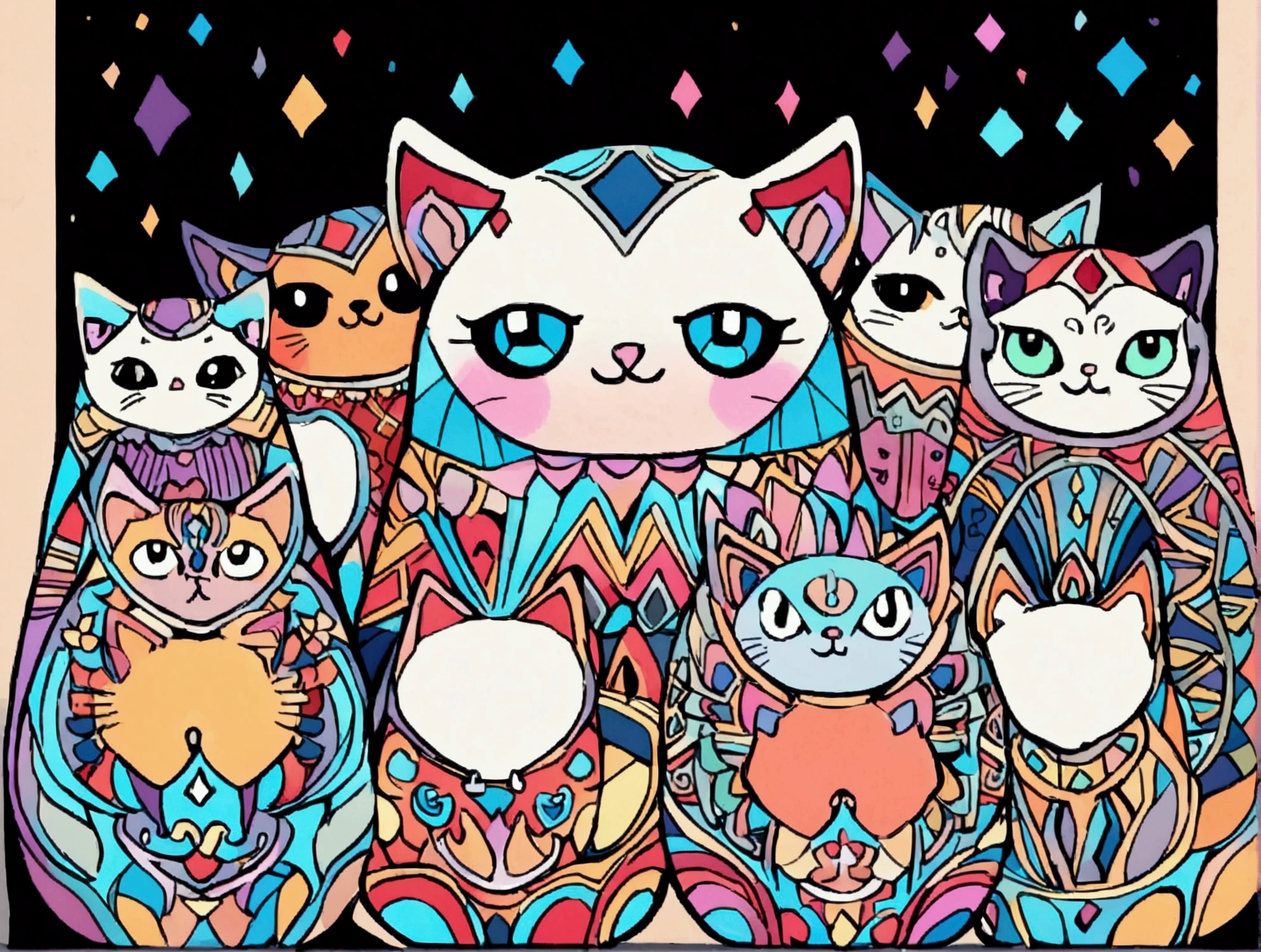 All motifs have a black line edge, colorful cats drawing style