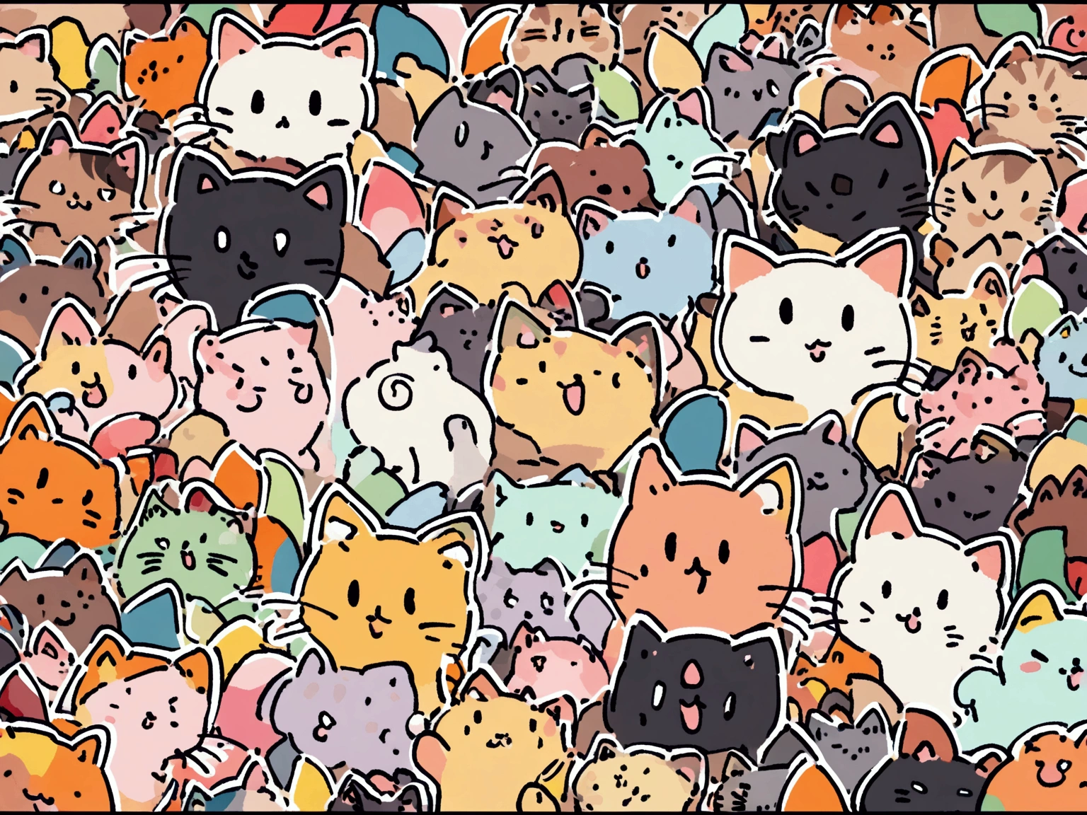 All motifs have a black line edge, colorful cats drawing style