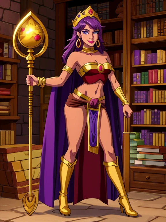 (best quality:1.3), (4K quality),masterpiece, best quality, high res, detailed, (Detailed face:1.2), (Detailed eyes:1.2), (Perfect figure:1.2), CARTOON, ANIME, CARTOON ARTSTYLE, Fantasy style, Fantasy setting, A beautiful mature sorceress (1 girl), dark-skinned female, with long purple flowing hair, purple eyes, purple iris, mascaras purple eyeshadow, smile, purple lipstick, skin covered in purple markings, (Wearing: golden headpiece, golden ringed earrings, purple cape, purple strapless top, purple loincloth, pelvic curtain, golden armlets, golden boots), ((Holding a golden staff)), looking mature and alluring at 28 years old, (detailed eyes, detailed lips, extremely detailed face), BREAK (Indoors, stone room, shelves filled with books and potions)