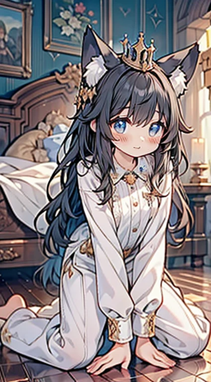 high qualiy, work of art, ultra detaild, view from the bottom,1 girl, Extremely detailed facial details, White latex pajamas,Wrapped in netaid crown,kneeling down on bed,manacles,collared,calm expression,weep,be gagged,manacles,collared,black hair long, Attractive pink eyes, fox ears, Ridiculously big, shining skin, wood floor,medieval city