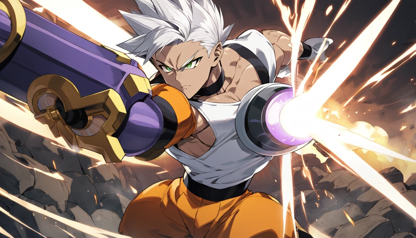 a girl, Saiyan, spiky white hair, green eyes, defined muscles, thin waist, wide hips, dark skin, medium breasts, tight clothes, white t-shirt, black pants, battling (the character is on a battlefield and would use a technique by ki chamda galick ho, from the dragon ball universe, making an energy cannon with his ki and releasing it at the opponent, dragon ball z)
