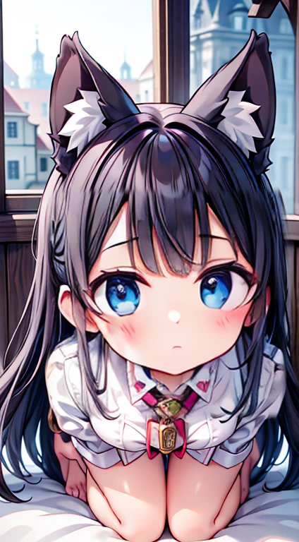 high qualiy, work of art, ultra detaild, view from the bottom,1 girl, Extremely detailed facial details, White latex pajamas,Wrapped in netaid crown,kneeling down on bed,manacles,collared,calm expression,weep,be gagged,manacles,collared,black hair long, Attractive pink eyes, fox ears, Ridiculously big, shining skin, wood floor,medieval city