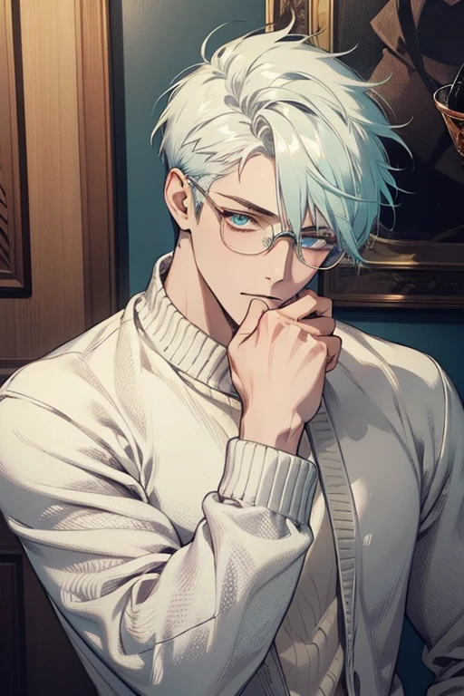 ((Masterpiece, Highest Quality)), Detailed Face, male, white sweater, turquoise eyes, (((Top Quality))), Short hair, Shaved whiskey,Spits, white colored hair, Stylish glasses