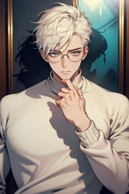 ((Masterpiece, Highest Quality)), Detailed Face, male, white sweater, turquoise eyes, (((Top Quality))), Short hair, Shaved whiskey,Spits, white colored hair, Stylish glasses