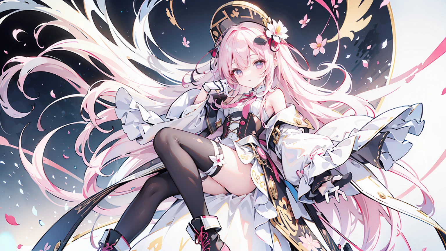 The character in the image has long, wavy white hair with pink tips, an eyepiece over the right eye, reddish eyes, and a fantasy-steampunk outfit with maroon, gold, white, and black colors. The outfit includes puffed shoulders, a corset-style middle, a short skirt, black tights, high-heeled boots with floral decorations, and petal-like adornments at the waist. They wear white gloves and have a floral theme in their attire,ロリ