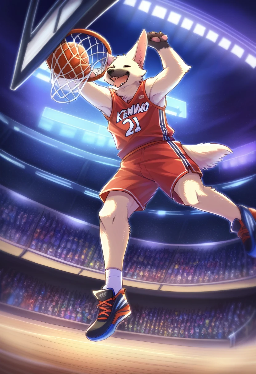 ((Masterpiece)), ((Best Quality)), (Very Detailed), ((Very Detailed)), 4K, (8K), very aesthetic, absurdres highres, 1man, (anthropomorphic dog, furry, kemono:1.8), Basketball player, dunk shot, red uniform, jump, rim grab, stadium, spectators, scoreboard, night, stadium lighting, concentrated facial expression, energetic movement, team logo, jersey number, cheering crowd, stadium structure
