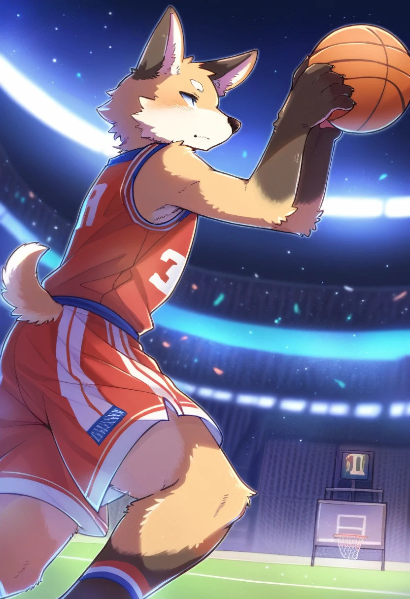 ((Masterpiece)), ((Best Quality)), (Very Detailed), ((Very Detailed)), 4K, (8K), very aesthetic, absurdres highres, 1man, (anthropomorphic dog, furry, kemono:1.8), Basketball player, dunk shot, red uniform, jump, rim grab, stadium, spectators, scoreboard, night, stadium lighting, concentrated facial expression, energetic movement, team logo, jersey number, cheering crowd, stadium structure
