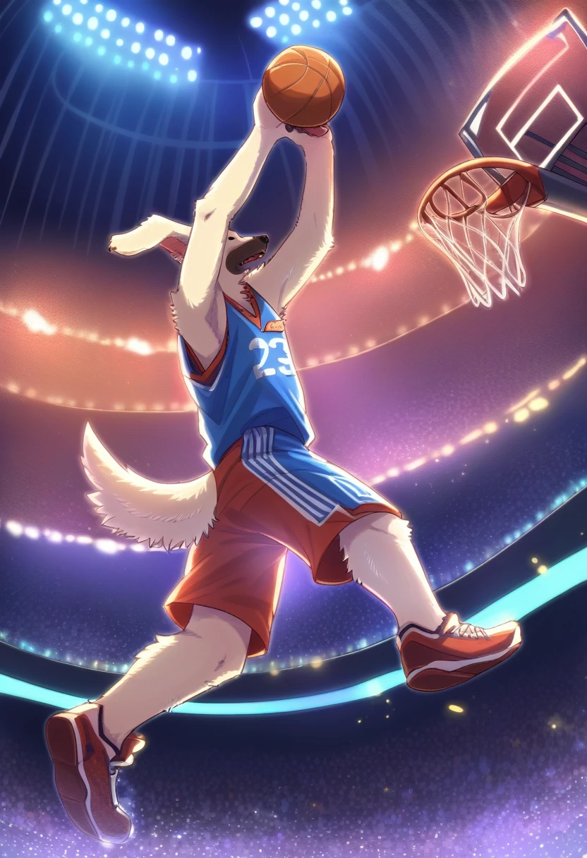 ((Masterpiece)), ((Best Quality)), (Very Detailed), ((Very Detailed)), 4K, (8K), very aesthetic, absurdres highres, 1man, (anthropomorphic dog, furry, kemono:1.8), Basketball player, dunk shot, red uniform, jump, rim grab, stadium, spectators, scoreboard, night, stadium lighting, concentrated facial expression, energetic movement, team logo, jersey number, cheering crowd, stadium structure
