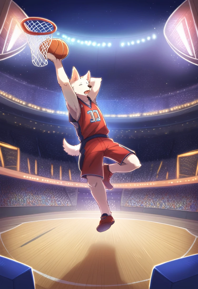 ((Masterpiece)), ((Best Quality)), (Very Detailed), ((Very Detailed)), 4K, (8K), very aesthetic, absurdres highres, 1man, (anthropomorphic dog, furry, kemono:1.8), Basketball player, dunk shot, red uniform, jump, rim grab, stadium, spectators, scoreboard, night, stadium lighting, concentrated facial expression, energetic movement, team logo, jersey number, cheering crowd, stadium structure