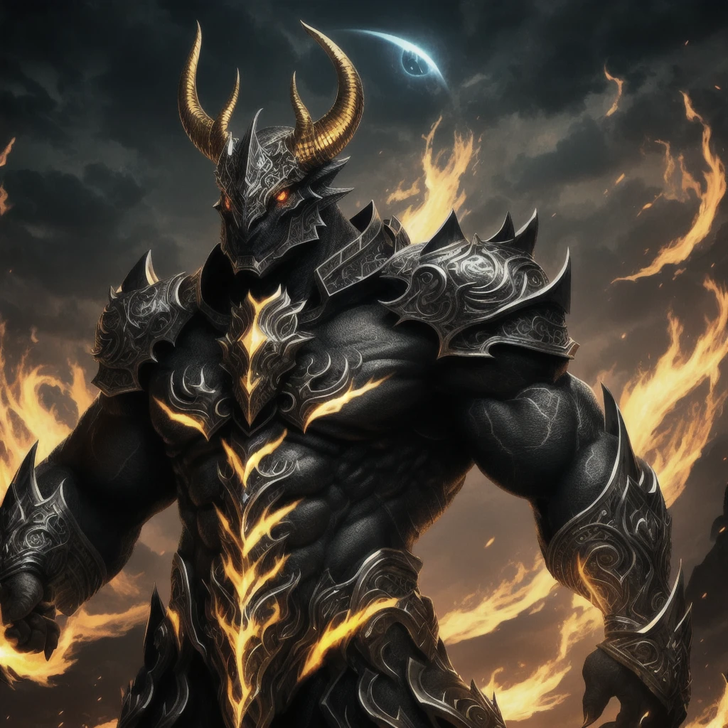 Dragon god, dragon of life, big horns, giant horns, beast, glowing eyes ,Black and silver color,a head ,Golden shine eyes,Big and long body
