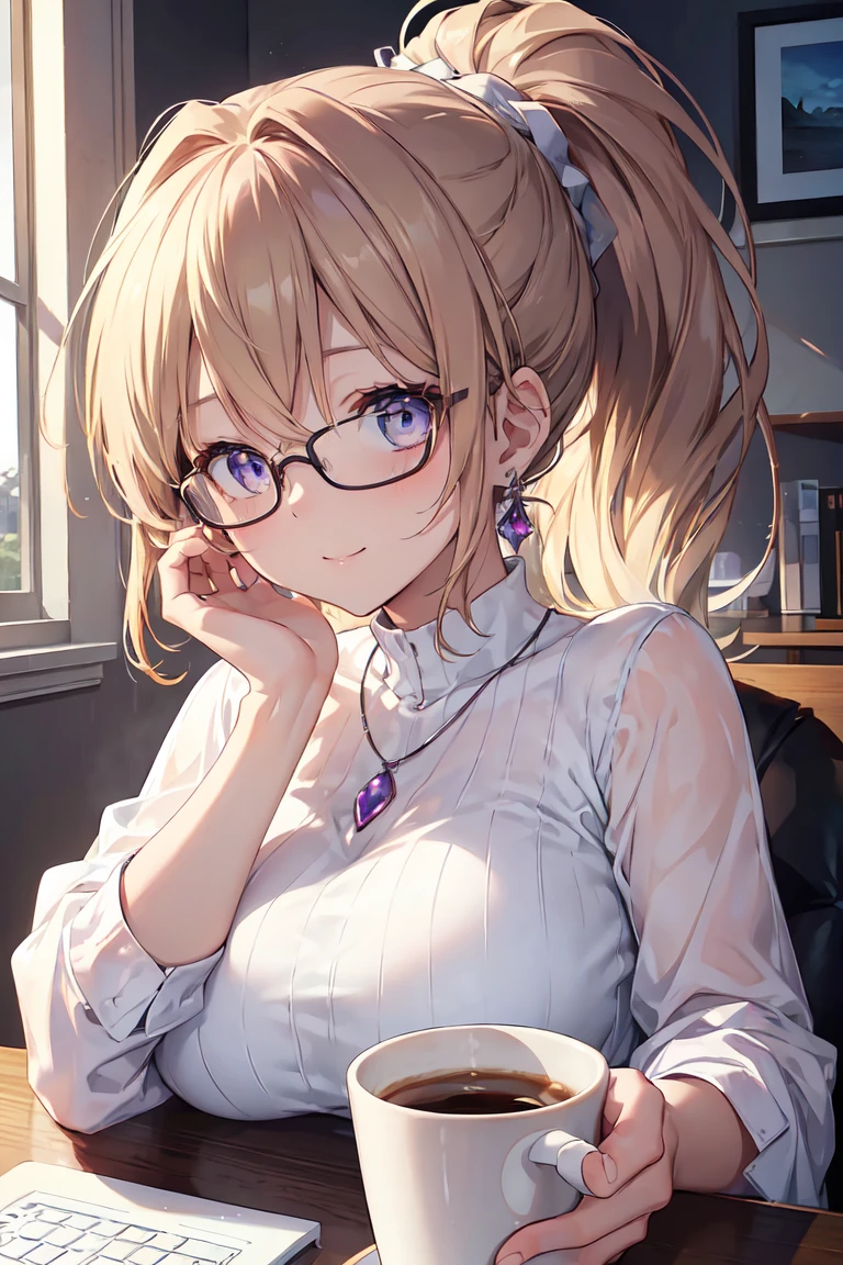 ((masterpiece)), ((Highest quality)), (Very detailed), ((cute)), cute, (Lovely), ((sexy)), (device), ((Very detailed)), 4K, (8k), Highest quality, (beautiful), Anime Style, Upper Body, Focus on the face, Whole body concentration, office, computer, morning, a cute girl, 1 girl, alone, suit, beautiful light brown hair, beautiful purple eyes, ((beautiful eyes)), White skin, ponytail, Transparent Hair, Translucent hair, Big Breasts, Glasses, Earrings, necklace, cup, coffee, A light smile, Lens flare, Reflection effect