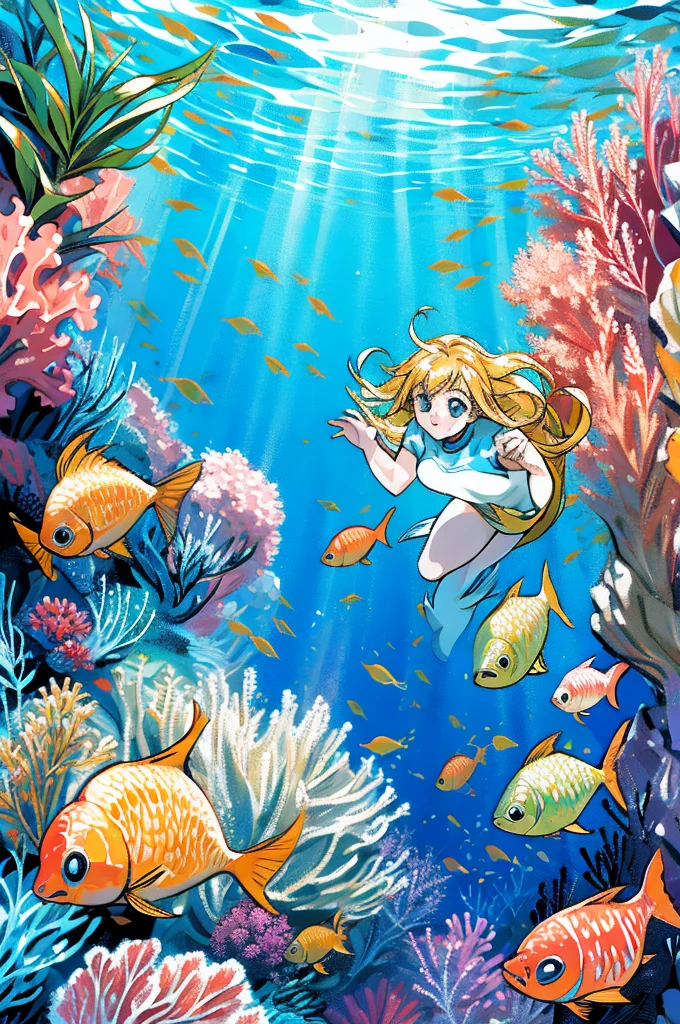 anime style, super fine illustration, highly detailed, dynamic angle, beautiful detailed, 8k, In the summer, at midday, underwater, BREAK vivid tropical fish swim in schools, surrounded by colorful corals on the seabed. A graceful sea turtle swims among them. BREAK A beautiful mermaid swims happily around, smiling occasionally. BREAK Sunlight filters through the water, brightly illuminating the scene. BREAK Everyone is enjoying the underwater world.(LoRA:1)