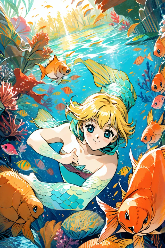 anime style, super fine illustration, highly detailed, dynamic angle, beautiful detailed, 8k, In the summer, at midday, underwater, BREAK vivid tropical fish swim in schools, surrounded by colorful corals on the seabed. A graceful sea turtle swims among them. BREAK A beautiful mermaid swims happily around, smiling occasionally. BREAK Sunlight filters through the water, brightly illuminating the scene. BREAK Everyone is enjoying the underwater world.(LoRA:1)