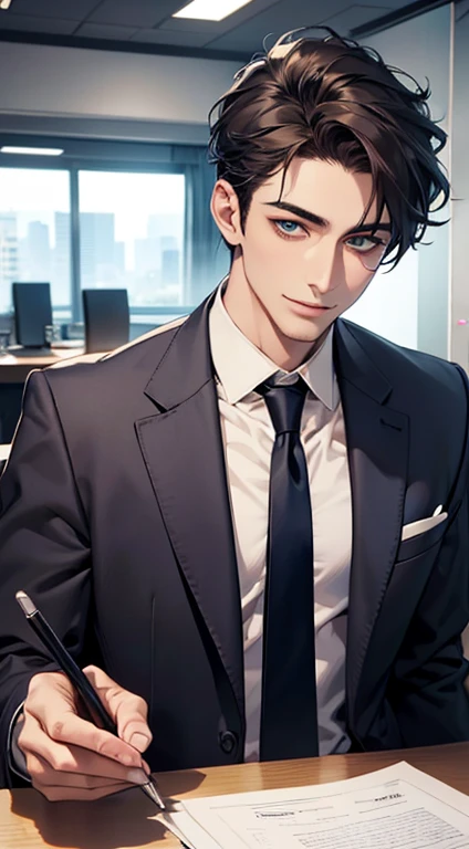 (Highest quality,4K,8K,High resolution,masterpiece:1.2),Super detailed,(Realistic,photoRealistic,photo-Realistic:1.37),1 person,34 years old,Mature Men,Beautiful skin、very handsome,Expressionless smile in love,Short dark blue hair,green eyes,Sharp Eyes,A perfect face without a doubt,Businessman,Office Background,Cinema Lighting,HDR image,tie、