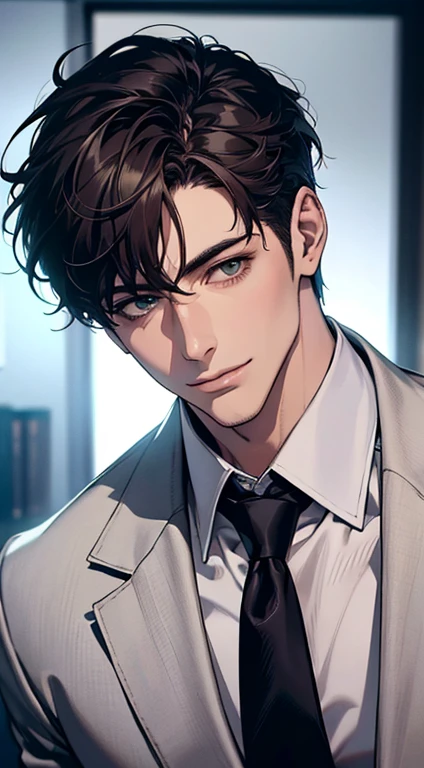 (Highest quality,4K,8K,High resolution,masterpiece:1.2),Super detailed,(Realistic,photoRealistic,photo-Realistic:1.37),1 person,34 years old,Mature Men,Beautiful skin、very handsome,Expressionless smile in love,Short dark blue hair,green eyes,Sharp Eyes,A perfect face without a doubt,Businessman,Office Background,Cinema Lighting,HDR image,tie、
