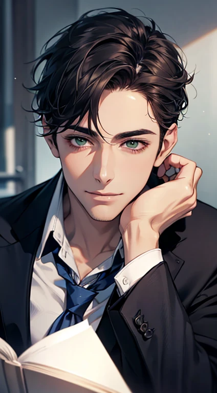 (Highest quality,4K,8K,High resolution,masterpiece:1.2),Super detailed,(Realistic,photoRealistic,photo-Realistic:1.37),1 person,34 years old,Mature Men,Beautiful skin、very handsome,Expressionless smile in love,Short dark blue hair,green eyes,Sharp Eyes,A perfect face without a doubt,Businessman,Office Background,Cinema Lighting,HDR image,tie、