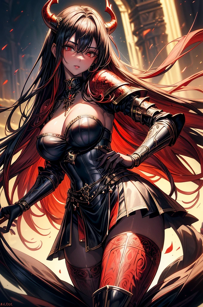 ((highest quality)),(ultra high resolution),(Super detailed),(detailed description),((best CG)),(best work of art),super precision art, great drawing art,(Art with precise details:1.5), (Fantasy medieval sexy and seductive armor 1 woman:1.5), beautiful and well-shaped face:1.5,(Beautiful red colored skin with precise and detailed depiction:1.6),(:1.5),provocative angle:1.6,gorgeous, beautiful young woman, beautiful and flawless red colored skin, long flowing black hair, obsidian colored eyes, symmetrical face, seductive and alluring facial features, her very presence oozes seduction, S-shaped body figure, slim and narrow waist, black onyx horns jutting out her forehead, hip level shot