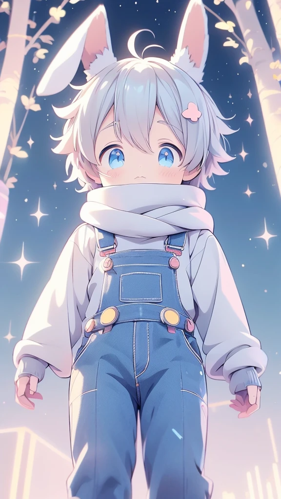 a cartoon picture of a boy with a rabbit ears and a scarf, official anime artwork, key anime visuals, key anime art, official art, anime cover, key anime visual, anime boy, cute anime, today's featured anime still, trending on artstation pixiv, anime wallaper, anime lush john 8k woods, anime background, anime wallpaper 4 k He is wearing short overalls and gloves 