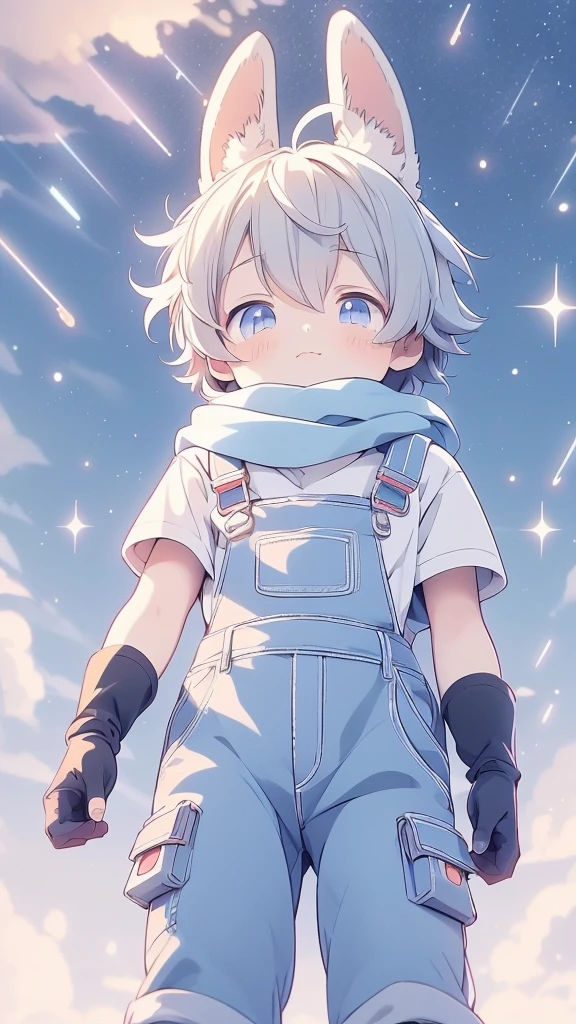 a cartoon picture of a boy with a rabbit ears and a scarf, official anime artwork, key anime visuals, key anime art, official art, anime cover, key anime visual, anime boy, cute anime, today's featured anime still, trending on artstation pixiv, anime wallaper, anime lush john 8k woods, anime background, anime wallpaper 4 k He is wearing short overalls and gloves