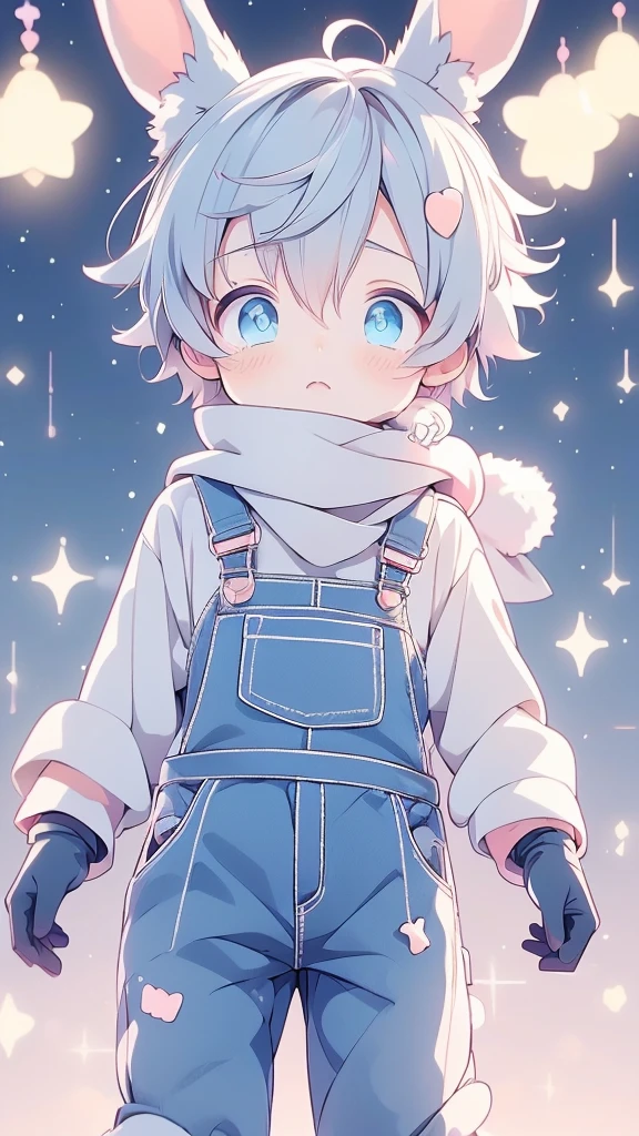 a cartoon picture of a boy with a rabbit ears and a scarf, official anime artwork, key anime visuals, key anime art, official art, anime cover, key anime visual, anime boy, cute anime, today's featured anime still, trending on artstation pixiv, anime wallaper, anime lush john 8k woods, anime background, anime wallpaper 4 k He is wearing short overalls and gloves 