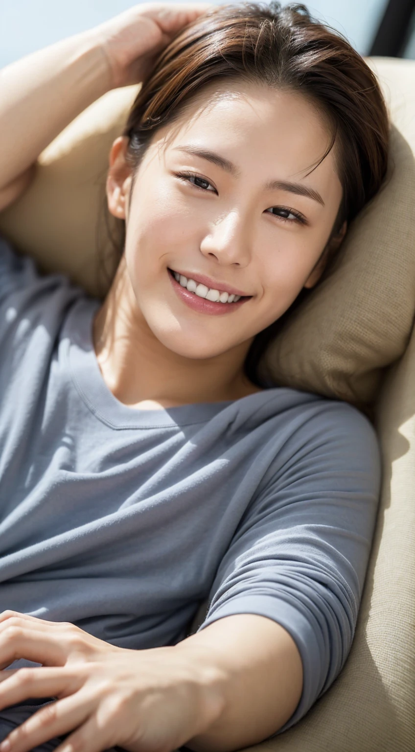 Male about 25 years old, smile, sharp focus, whole body (1.5), summer, wonderful, sleeping and waking up,