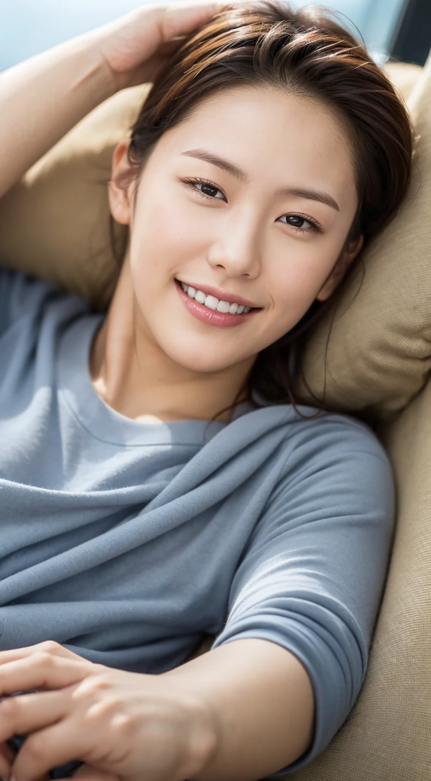 Male about 25 years old, smile, sharp focus, whole body (1.5), summer, wonderful, sleeping and waking up,