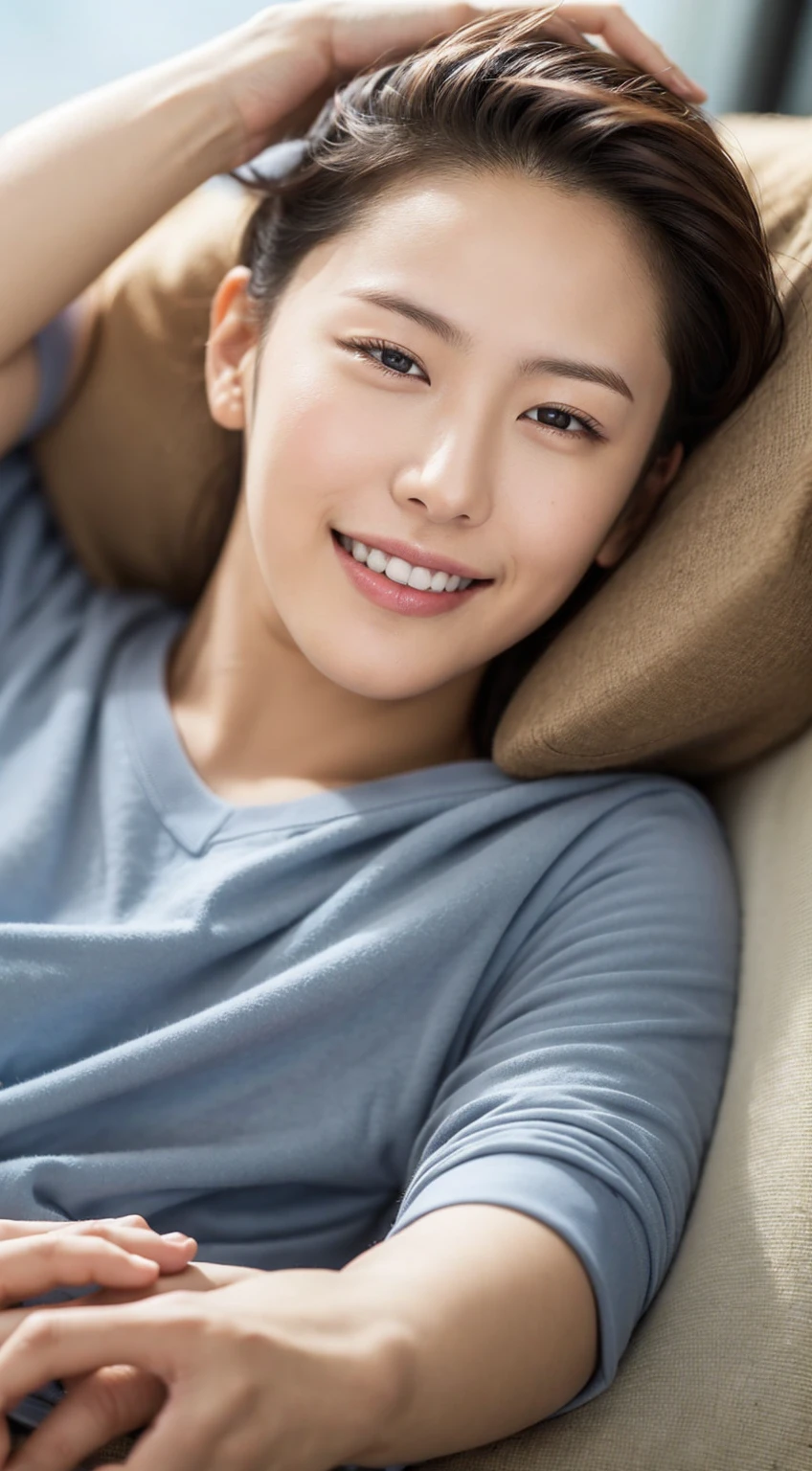 Male about 25 years old, smile, sharp focus, whole body (1.5), summer, wonderful, sleeping and waking up,