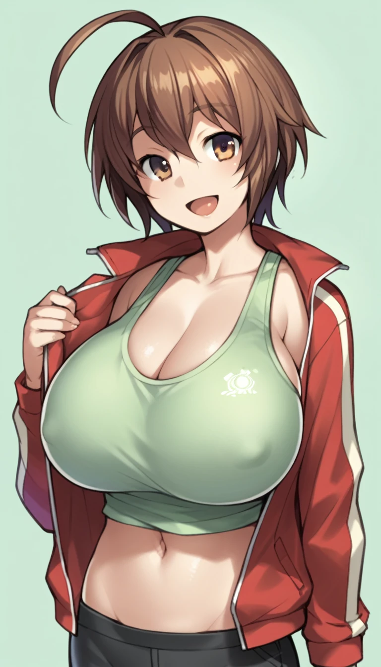 score_9, score_8_up, score_7_up, by bosshi, anime screencap BREAK source_anime, rating:explicit, brown hair, brown eyes, red jacket, green tank top, 1girl, breasts, solo, cleavage, jacket, ahoge, large breasts, looking at viewer, smile, short hair, open jacket, upper body, simple background, open clothes, open mouth, track jacket, huge breasts, izumiki, tank top, cowboy shot, navel