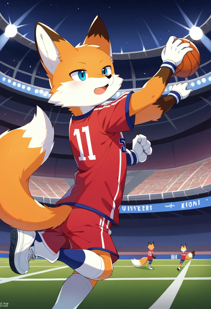 ((Masterpiece)), ((Best Quality)), (Very Detailed), ((Very Detailed)), 4K, (8K), very aesthetic, absurdres highres, 1man, (anthropomorphic fox, furry, kemono:1.8), Basketball player, dunk shot, red uniform, jump, rim grab, stadium, spectators, scoreboard, night, stadium lighting, concentrated facial expression, energetic movement, team logo, jersey number, cheering crowd, stadium structure