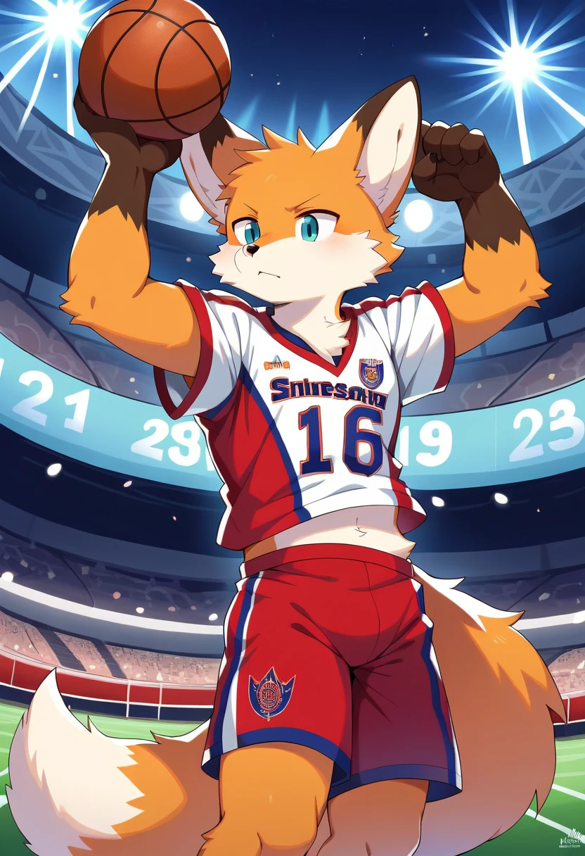 ((Masterpiece)), ((Best Quality)), (Very Detailed), ((Very Detailed)), 4K, (8K), very aesthetic, absurdres highres, 1man, (anthropomorphic fox, furry, kemono:1.8), Basketball player, dunk shot, red uniform, jump, rim grab, stadium, spectators, scoreboard, night, stadium lighting, concentrated facial expression, energetic movement, team logo, jersey number, cheering crowd, stadium structure