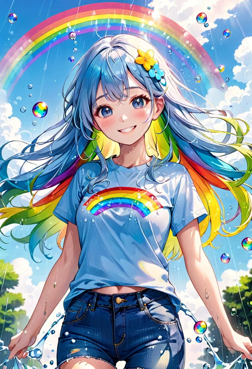  (Highest quality), (Super detailed),(Light blue long hair),(figure), (One girl), Beautiful fine details,Delicate and beautiful face,smile、A big rainbow in the blue sky after the rain、Colorful rainbow bubbles、Jeans on a t-shirt、floating,(High saturation),(Colorful splashes),