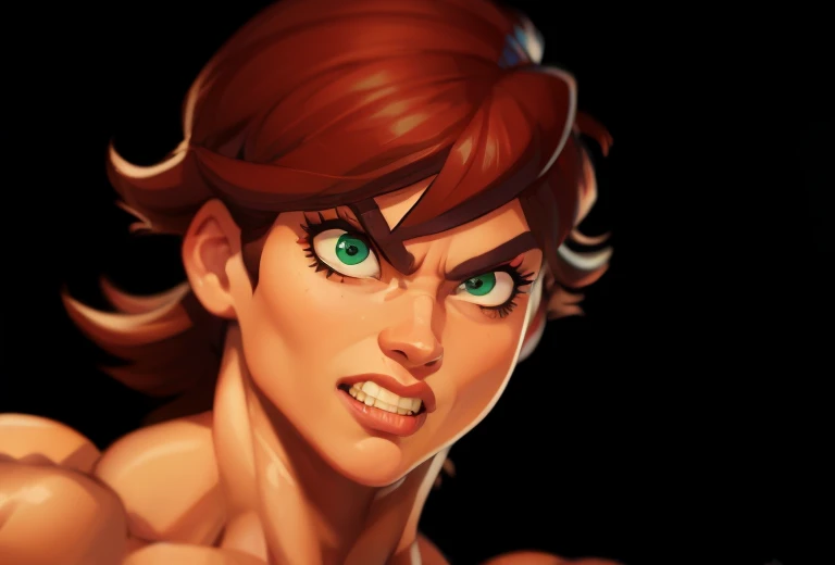 (masterpiece:1.2), (best quality), (ultra detailed), (8k, 4k, intricate),(full-body-shot:1), (highly detailed:1.2),(detailed face:1.2), (detailed background), muscle woman bearing teeth with brunette hair wearing purple top and blue jeans flexing massive muscles, most muscular pose, woman with huge muscles, mature woman, stern expression, green eyes, angry expression
