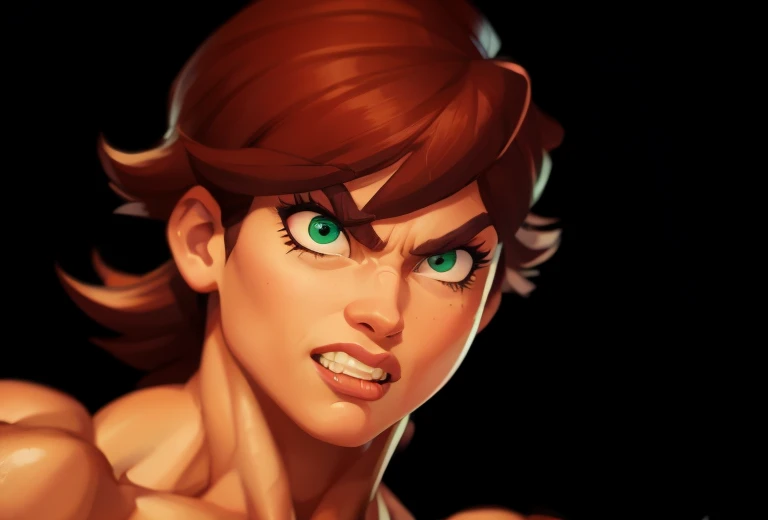 (masterpiece:1.2), (best quality), (ultra detailed), (8k, 4k, intricate),(full-body-shot:1), (highly detailed:1.2),(detailed face:1.2), (detailed background), muscle woman bearing teeth with brunette hair wearing purple top and blue jeans flexing massive muscles, most muscular pose, woman with huge muscles, mature woman, stern expression, green eyes, angry expression