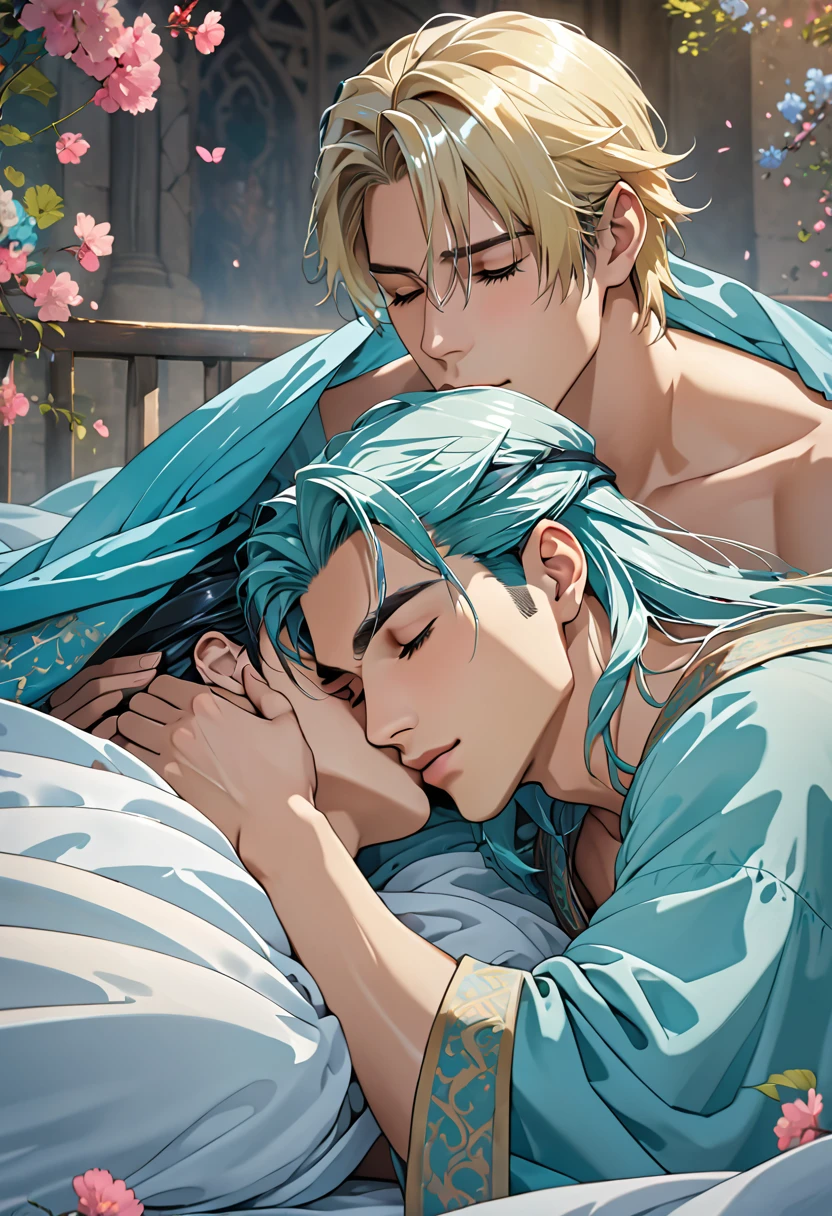 2 sexy males 25 year old, anime elves in a sensual pose medieval poster bed kissing under the sheer sheets, kissing each other, long blond/black hair, perfect intimate position, perfect composition, perfect hands and face, masterpiece, aqua color, UHD, 32k,
