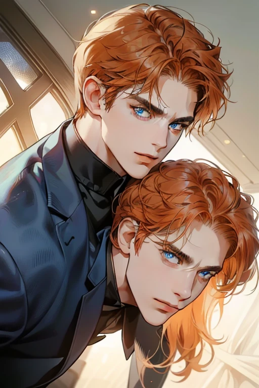 masterpiece, best quality, realistic, 1man, mature male, quiet and charming young man, 35 year old, serious look, closed mouth, portrait, extremely detailed face, cold smile, expression smilein love, ((blue eyes)), ((short-right-swept  orange hair)), [thick eyebrows], ((suit)), handsome, full body, western, Jewish, light brown skin,