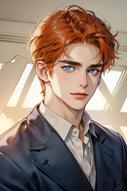 masterpiece, best quality, realistic, 1man, mature male, quiet and charming young man, 35 year old, serious look, closed mouth, portrait, extremely detailed face, cold smile, expression smilein love, ((blue eyes)), ((short-right-swept  orange hair)), [thick eyebrows], ((suit)), handsome, full body, western, Jewish, light brown skin,