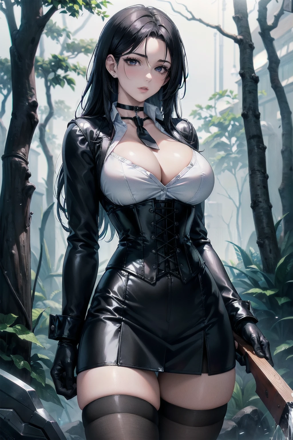 Masterpiece, Superior image quality, high resolution, 4k image,photo and gross, photorealistic, whole body, distant view, 1 young man of 15 years, {{{vagina}}}, big breasts, beautiful face, long black hair, black eyes, very detailed eyes, pink cheeks, serious expression, choker:1.6, (white collar button down long sleeve shirt), black gloves, gloves that cover hands, (holding an ax in the right hand), (black leather corset), (shiny black miniskirt), Sensual Lips, show details in the eyes, View from the front, looking at the viewer, dark forest path, evening, Atmosphere, fog
