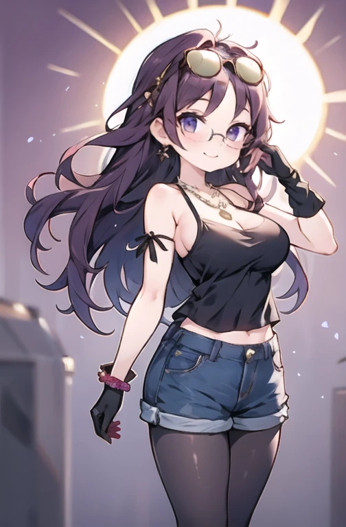 1 girl, standing alone, long hair, gazing at viewer, ssmile, breasts big, chemise, mitts, neckleace, bared shoulders, jewerly, purples eyes, cabelo roxo, pantyhose, aretes, shorts, oculos de sol, Glasses on the head, purple backdrop, round glasses, purple mitts,
