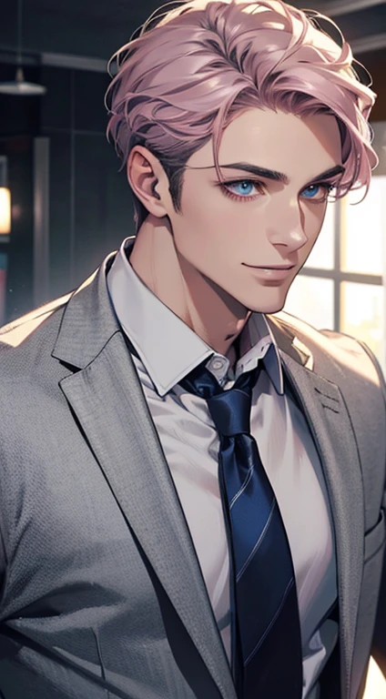 (Highest quality,4K,8K,High resolution,masterpiece:1.2),Super detailed,(Realistic,photoRealistic,photo-Realistic:1.37),1 person,31 years old,Mature Men,Beautiful skin、Profile、very handsome,Expressionless,smile,Short gray pink hair,blue eyes,Sharp Eyes,A perfect face without a doubt,Businessman,Office Background,Cinema Lighting,HDR image,tie、