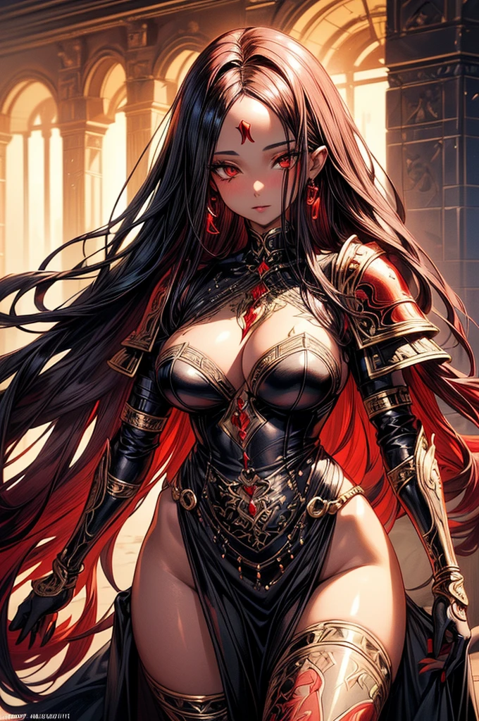 ((highest quality)),(ultra high resolution),(Super detailed),(detailed description),((best CG)),(best work of art),super precision art, great drawing art,(Art with precise details:1.5), (Fantasy medieval sexy and seductive armor 1 woman:1.5), beautiful and well-shaped face:1.5,(Beautiful red colored skin with precise and detailed depiction:1.6),(:1.5),provocative angle:1.6,gorgeous, beautiful young woman, beautiful and flawless red colored skin, long flowing black hair, obsidian colored eyes, symmetrical face, seductive and alluring facial features, her very presence oozes seduction, S-shaped body figure, slim and narrow waist, black onyx horns jutting out her forehead, hip level shot