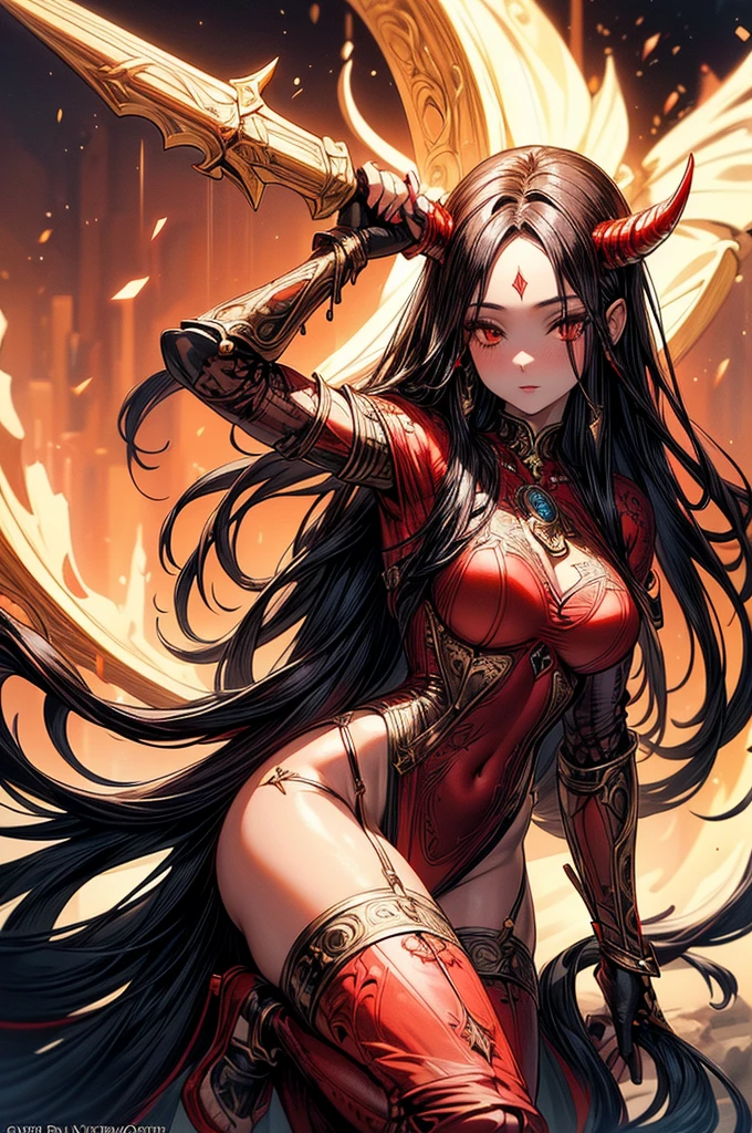 ((highest quality)),(ultra high resolution),(Super detailed),(detailed description),((best CG)),(best work of art),super precision art, great drawing art,(Art with precise details:1.5), (Fantasy medieval sexy and seductive armor 1 woman:1.5), beautiful and well-shaped face:1.5,(Beautiful red colored skin with precise and detailed depiction:1.6),(:1.5),provocative angle:1.6,gorgeous, beautiful young woman, beautiful and flawless red colored skin, long flowing black hair, obsidian colored eyes, symmetrical face, seductive and alluring facial features, her very presence oozes seduction, S-shaped body figure, slim and narrow waist, black onyx horns jutting out her forehead, hip level shot