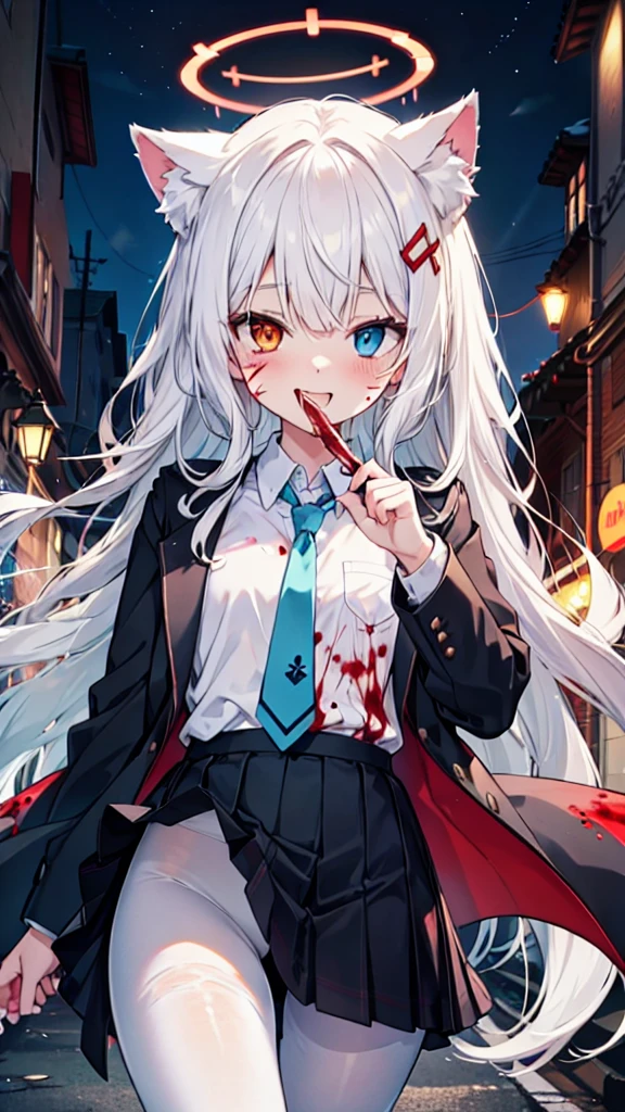 White pantyhose，White hair，Crazy Laugh，Long hair，Cat ear，Heterochromia（Left blue right red），Female face，There are bright spots in the eyes，flat chest，red halo，night，uninhabited alley，Black skirt，Holding a knife in his right hand，There are blood stains on the clothes，Blood stains on the face，Loss of light in the eyes，Shadow on the face，Fake laugh，Blue tie