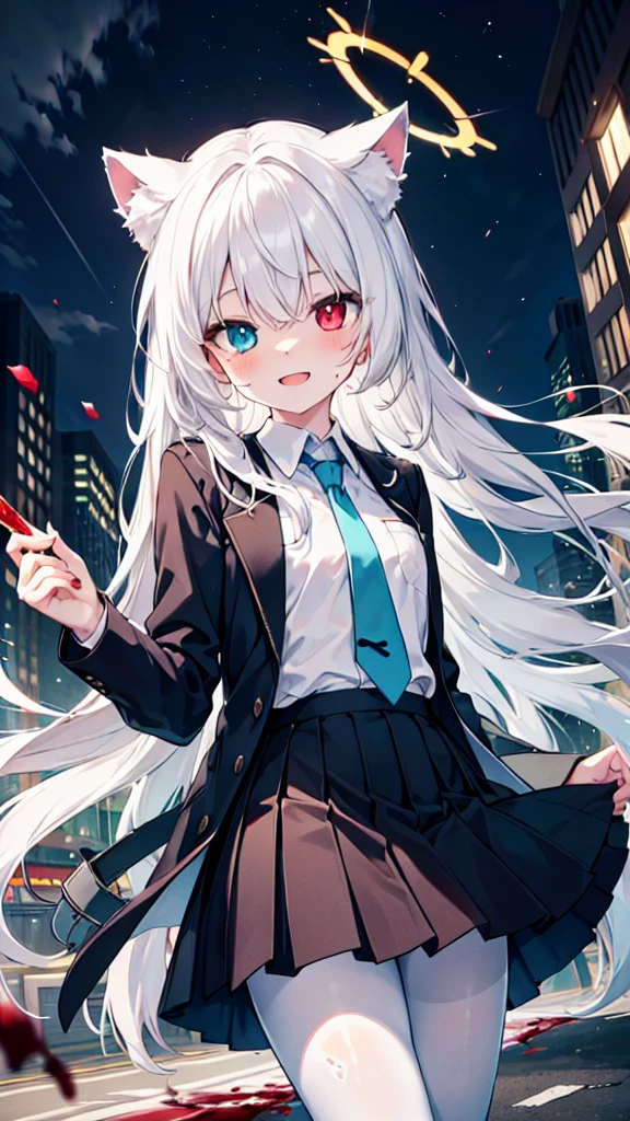 White pantyhose，White hair，Crazy Laugh，Long hair，Cat ear，Heterochromia（Left blue right red），Female face，There are bright spots in the eyes，flat chest，red halo，night，uninhabited alley，Black skirt，Holding a knife in his right hand，There are blood stains on the clothes，Blood stains on the face，Loss of light in the eyes，Shadow on the face，Fake laugh，Blue tie