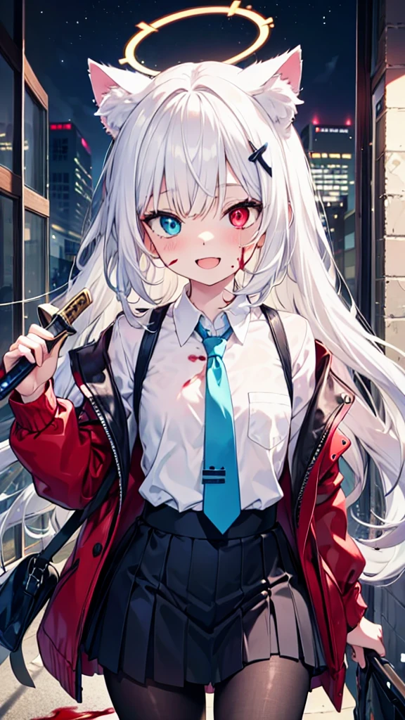 White pantyhose，White hair，Crazy Laugh，Long hair，Cat ear，Heterochromia（Left blue right red），Female face，There are bright spots in the eyes，flat chest，red halo，night，uninhabited alley，Black skirt，Holding a knife in his right hand，There are blood stains on the clothes，Blood stains on the face，Loss of light in the eyes，Shadow on the face，Fake laugh，Blue tie