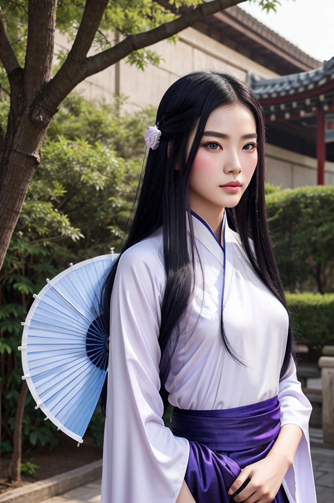 Create a handsome Chinese boy from ancient eras with long black hair and bluish eyes and full pink lips, white skin and 1.85 tall, wearing a dark purple hanfu and holding a combat fan 
