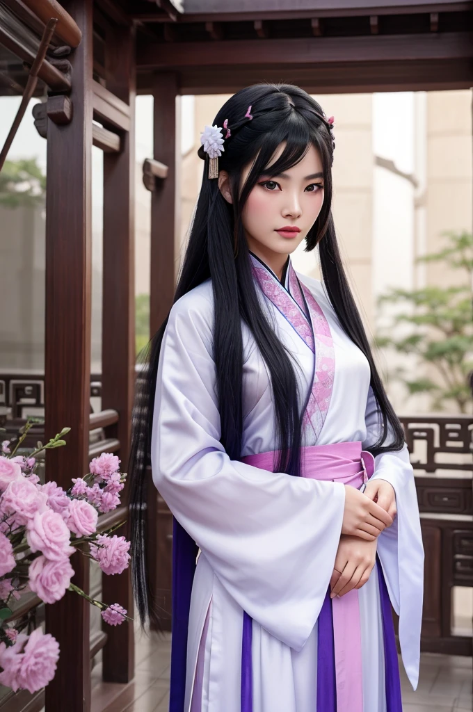 Create a handsome Chinese boy from ancient eras with long black hair and bluish eyes and full pink lips, white skin and 1.85 tall, wearing a dark purple hanfu and holding a combat fan