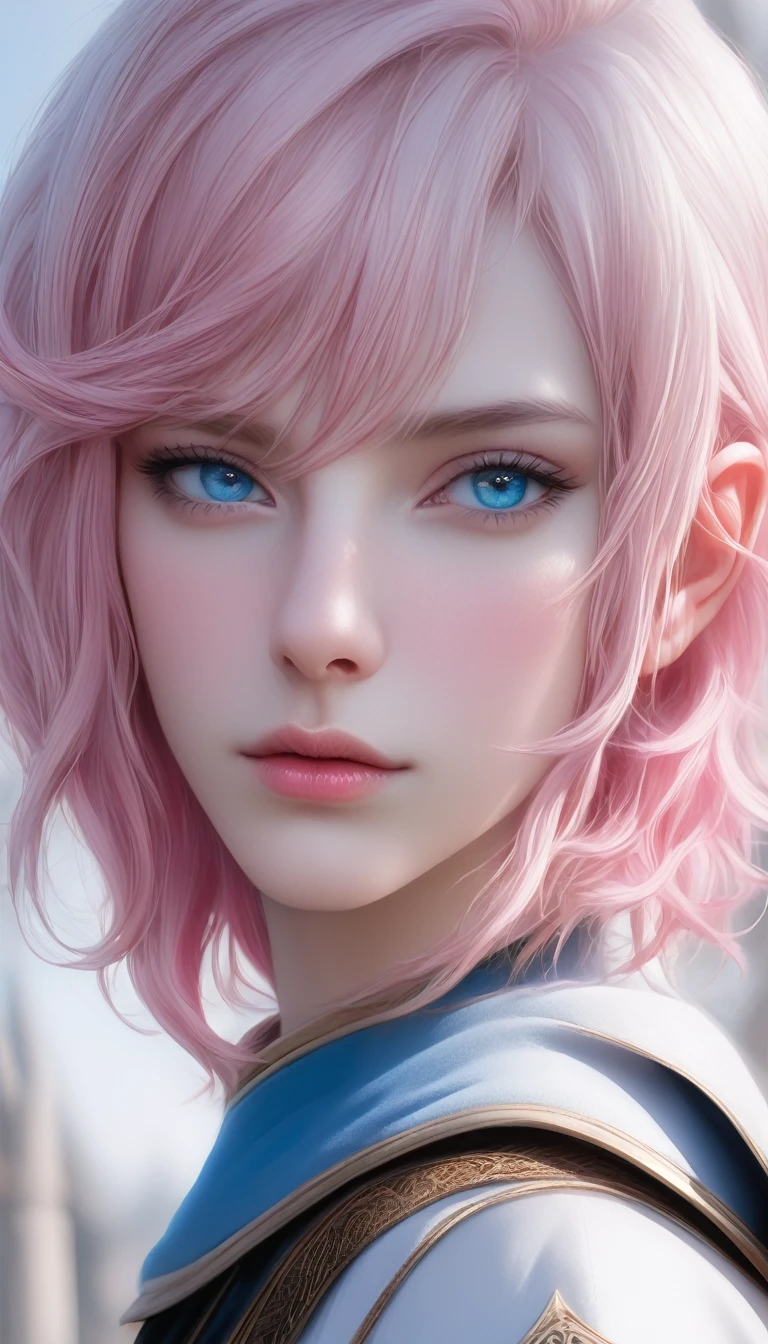 beautiful European woman, white, with pink hair, blue eyes, elf, adult,Close up of a man, man, black hair, short hair, brown eyes