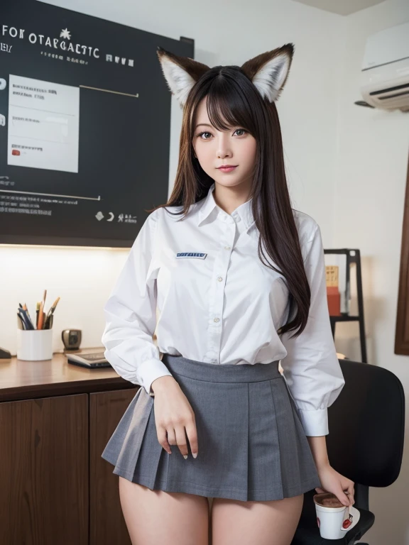 ((Highest quality)), ((masterpiece)), (Familiar), Perfect Face, fox lady, Pretty girl, Fox Ears, Fox tail, She has a northern fox tail, She wags her fluffy tail, She is a pretty office worker., Beautiful hip line, Thick thighs, One big tail, The tail sticks out from under the skirt, Nice body, Shamingly wagging his tail, Only one tail, a shy face