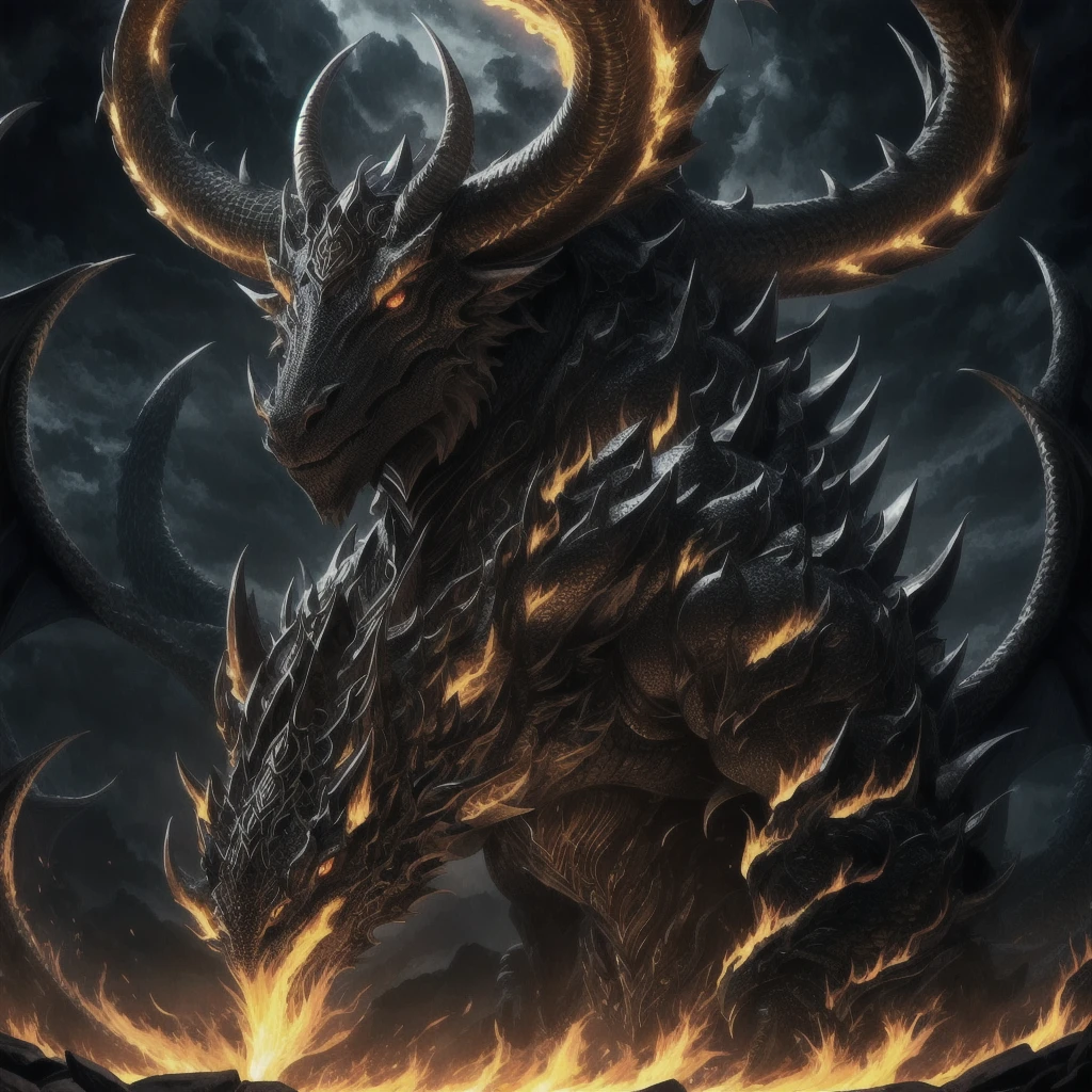 Dragon god, dragon of life, big horns, giant horns, beast, glowing eyes ,Black and silver color,a head ,Golden shine eyes,Big and long body ,4 Paws, long tail, several horns
